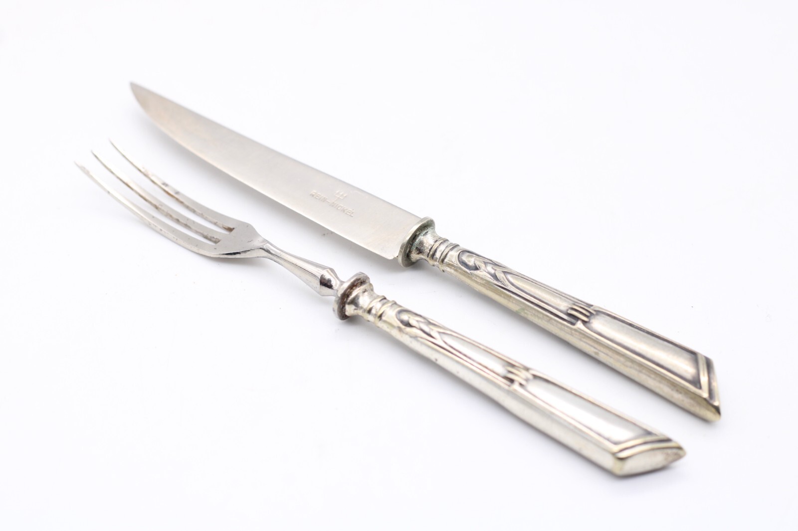 Dreizack Dessert Besteck Gabel & Messer Set Art Deco Rein Nickel Vintage