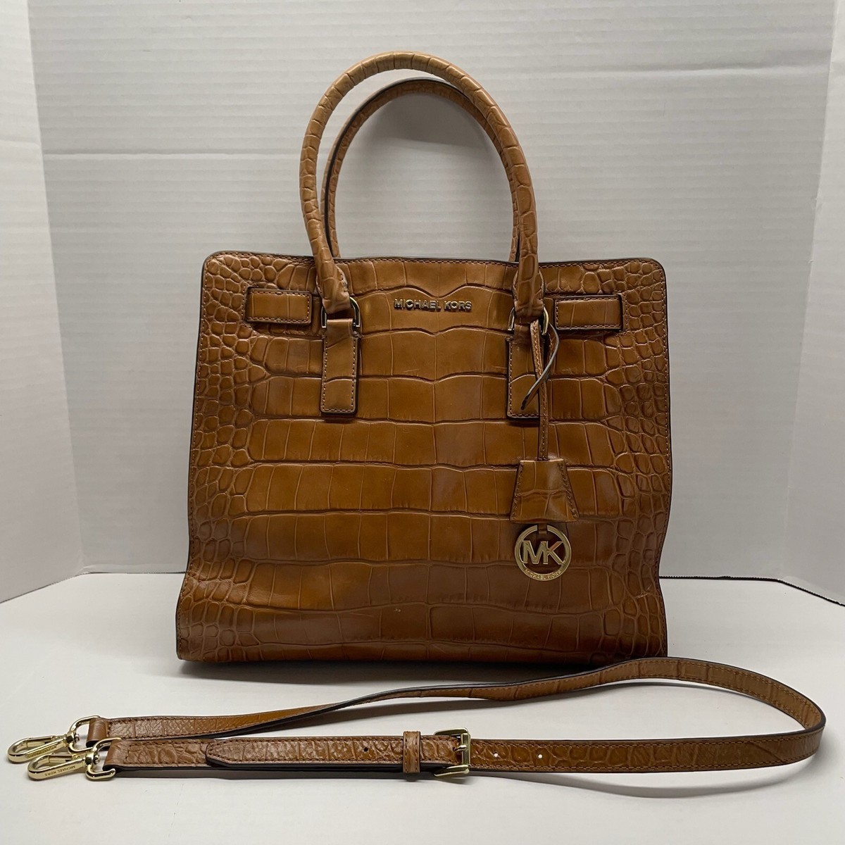 Michael Kors Large Brown Croc Embossed Leather Dillon Satchel Tote Bag Purse