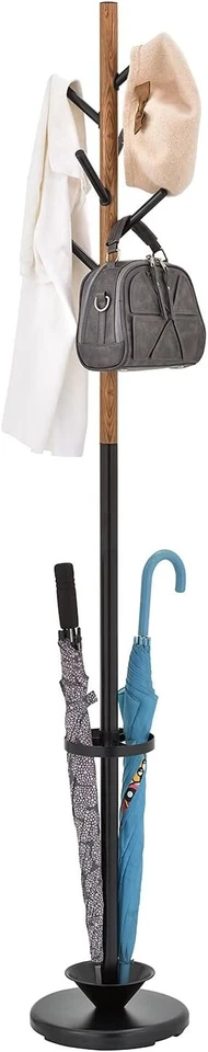 Black Metal Coat Rack and Umbrella Stand with 6 Wood Hanger Hooks, Coat Rack - Image 2 of 4