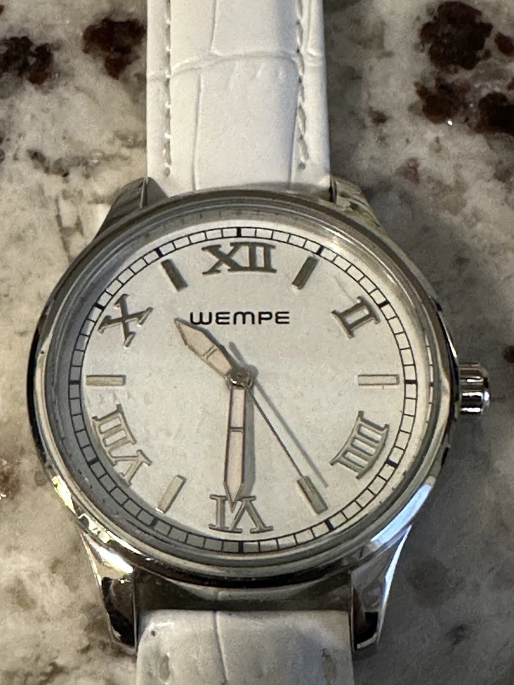 Reloj romano WEMPE unisex de acero inoxidable con correa de cuero blanco cara de cristal sellado Foto 2 de 4