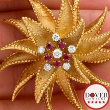 Vintage Hammerman Diamond Ruby Floral 18K Yellow Gold Brooch Pin 30.1 Gr NR