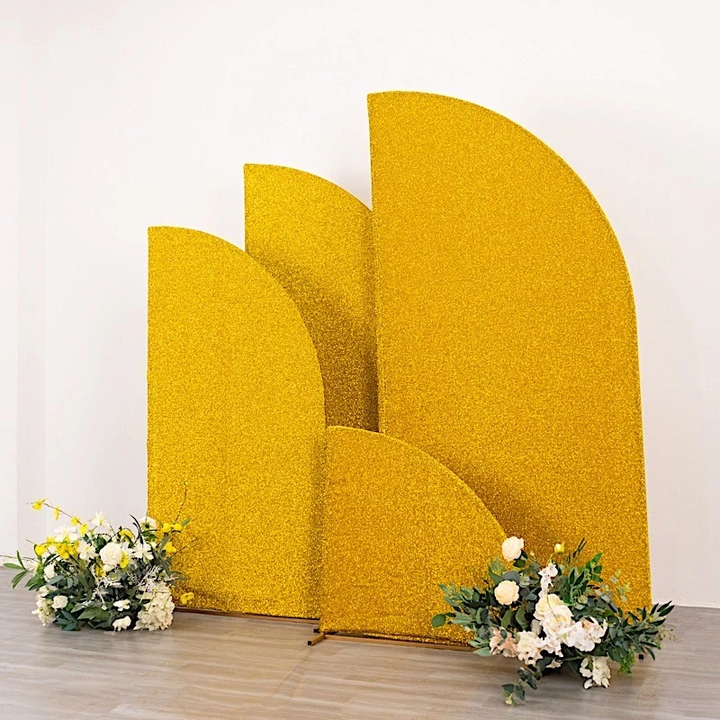 4 GOLD Metallic Tinsel Fitted Spandex Half Moon Arch STAND COVERS Party Events