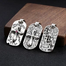 Biker Cross Dog Tag Pendant, S925 Silver, Gothic Faith Charm, Men's Statement