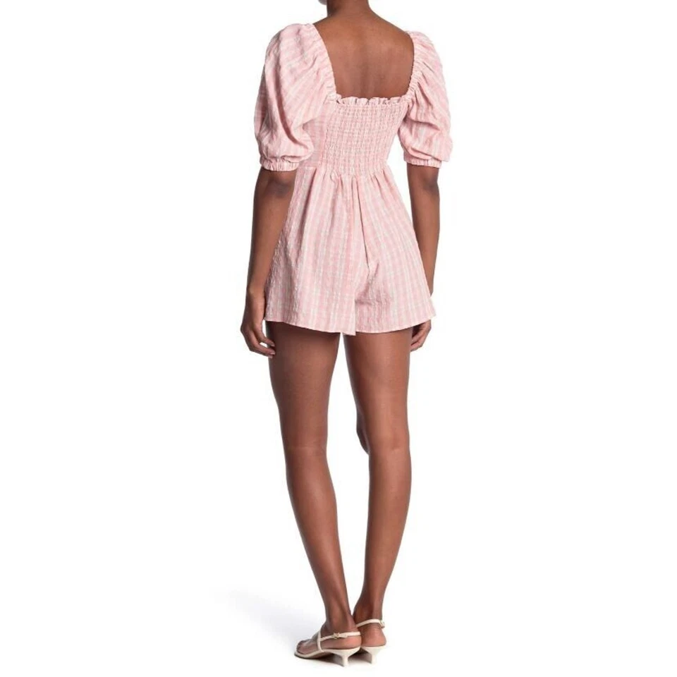 Topshop Peasant Tie Front Short Sleeve Romper Pink White Check Size 2 MSRP $68 - Image 3 of 4
