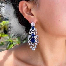 Silver Plated CZ Zircon Tassel Dangle Long Chandelier Earrings for Women Wedding