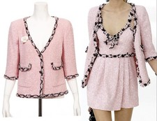 2007 CHANEL FR-34 Vintage 07P TWEED Pink Black Jacket Trim CC logo Buttons US-2