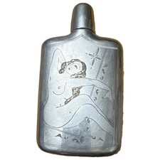 Engraved Pin-Up Silver Metal Hip Flask 6 oz Vintage Rectangle Screw Cap