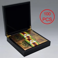 100PCS Gold Foil Banknotes Zimbabwe 100 Yottalillion Dollars Notes in Wooden Box