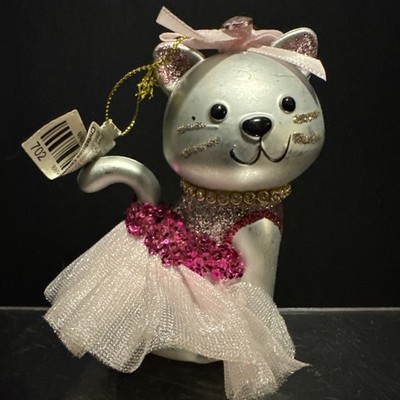 Pink Cat Christmas Tree Ornament Hanging keepsake Tutu Dress Kitty Glitter Gems