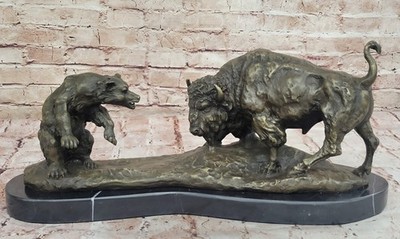 American Buffalo Bison Bear Western Artwork Bronze Marble Statue Sculpture Art 