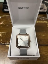Nine West Women's Watch, Gold Case, White Face, Gray Band, Analog Timepiece