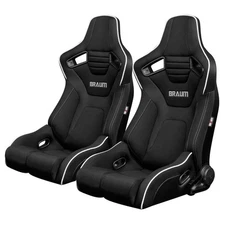 BRAUM Black Cloth ELITE-R Racing Seats w/ Grey Stitches & White Piping -Pair