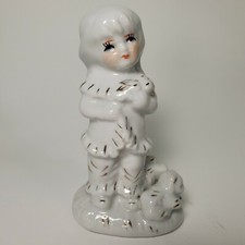 Vintage Ceramic Girl in Braids Figurine Flower  Pet Hand Painted Glazed