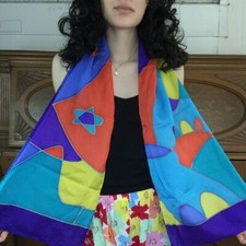 Vintage 80s 90s Colorful Boho Batik Art Abstract Print Silk Scarf