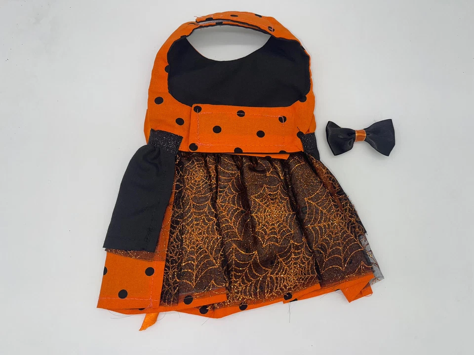VESTIDO DE PERRO HECHO A MANO HALLOWEEN LUNARES VESTIDO PERRO ARNÉS XSMALL con lazo de pelo gratis Foto 4 de 4