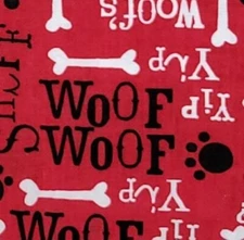 Dog Puppy Black White Red Bones Paw Prints Woof Cotton Fabric JoAnn 1 yard only