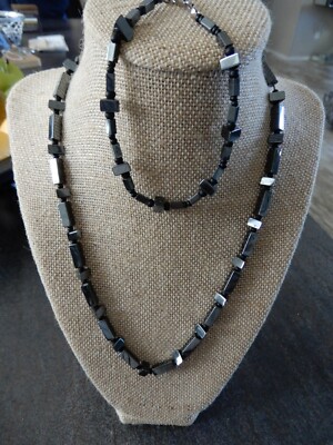 Black Hematite Necklace Bracelet Set Rectangle & Triangle Beads ~ Unique!