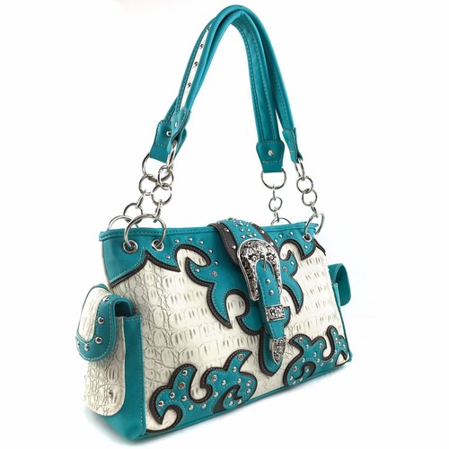 Justin West Concealed Carry Western Croc Buckle Duo Color Shoulder Handbag Purse - Picture 32 of 54