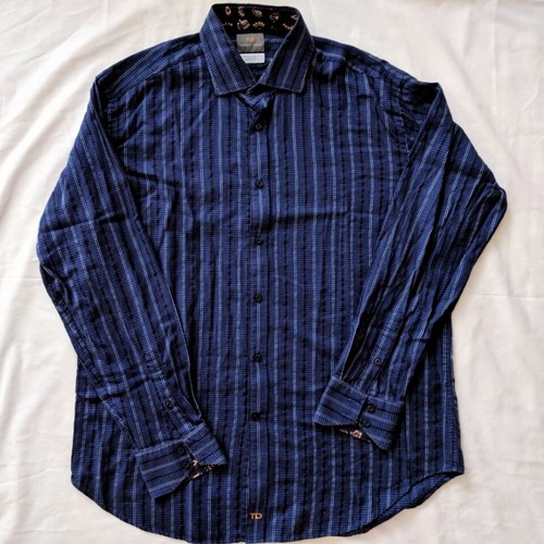 Thomas Dean Blue/Black Houndstooth Striped Long Sleeve Dress Shirt XL - Picture 2 of 5