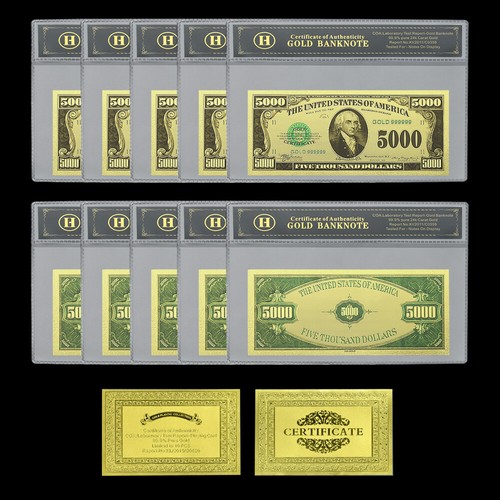 10 Stück USA Banknoten Aus Goldfolie 5000Dollar Goldene Banknoten - Mit Ferrule
