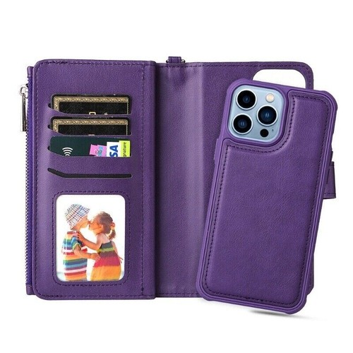 For iPhone 16e 15 14 13 12 11 Pro Max 8 Detachable Zip Leather Wallet Case Cover - Picture 85 of 91
