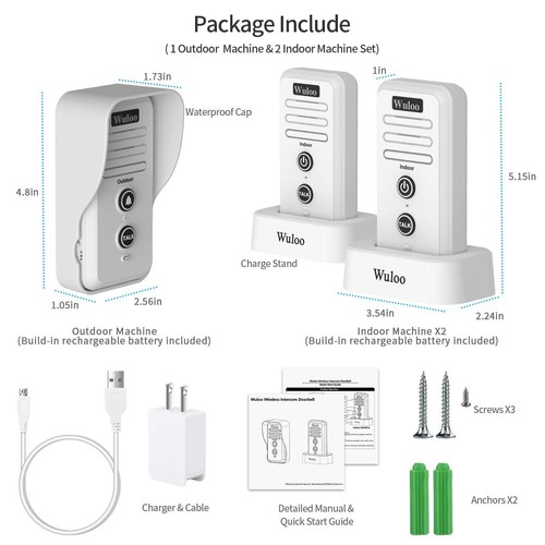 Wuloo 1/2Mile Wireless Doorbell Intercom Rechargeable Stand Door Chimes for Home - Picture 9 of 9