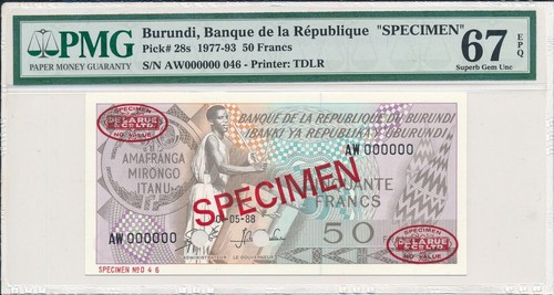 Banque de la Republique Burundi 50 Francs 1988 Specimen PMG 67EPQ