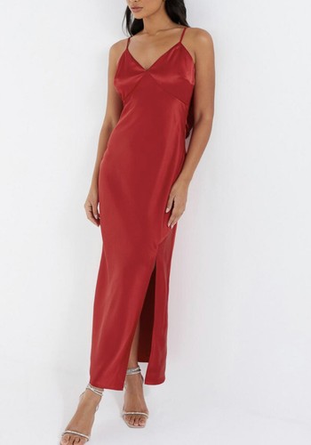 Quiz Red Satin Embellished Bow Midi Dress Size UK 6 New With Tags RRP £50 - Picture 2 of 6