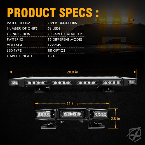Xprite 27" 56 LED Rooftop Emergency Strobe Beacon Light Bar White Mix Amber - Picture 7 of 7