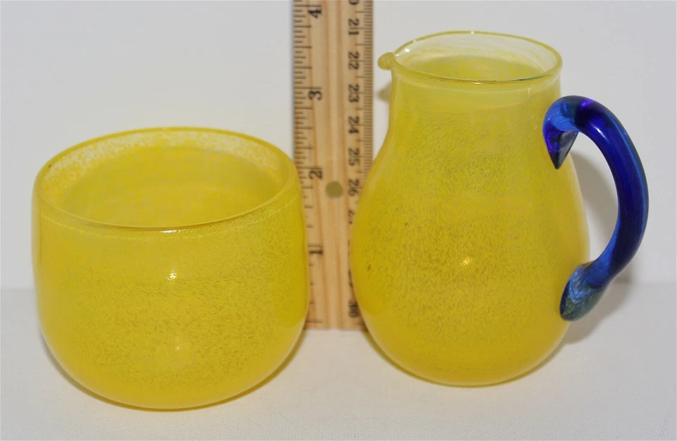 JUEGO DE CREMA Y AZÚCAR VIDRIO ARTÍSTICO AMARILLO TRANSLÚCIDO ENCANTADOR HECHO A MANO Foto 3 de 4