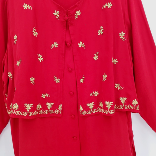 Camicetta Diane Von Furstenburg rossa seta taglia 1x top ricamato disegni oro - Foto 6 di 7