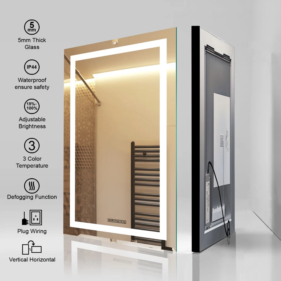 Espejo LED para baño sin marco montado en la pared antiniebla con luces regulables Foto 4 de 4