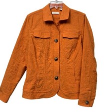 Coldwater Creek Women  s Jacket Size 14 Orange Textured Brocade Button-Up