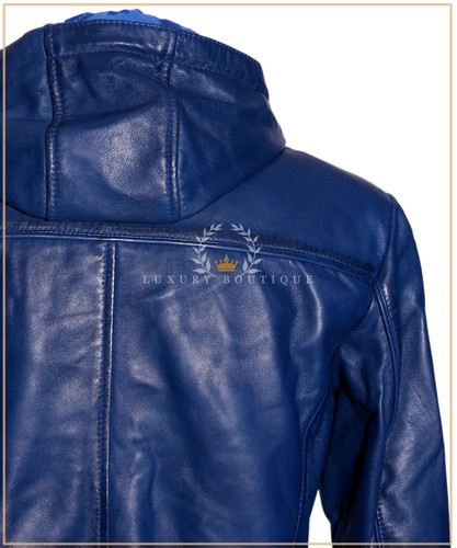 Men's Blue Baseball White Stripes New Hooded Bomber Real Lambskin Leather Jacket - Picture 7 of 11