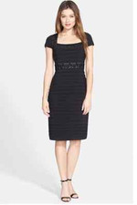 ADRIANNA PAPELL LACE INSET TRIM SHUTTER PLEAT BLACK/NUDE SHEATH DRESS sz 6