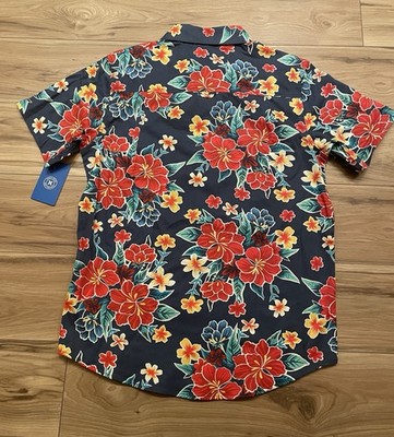 Hurley Floral Hawaiian Button-Up Shirt Navy Blue XS Short Sleeve Stretch Fit