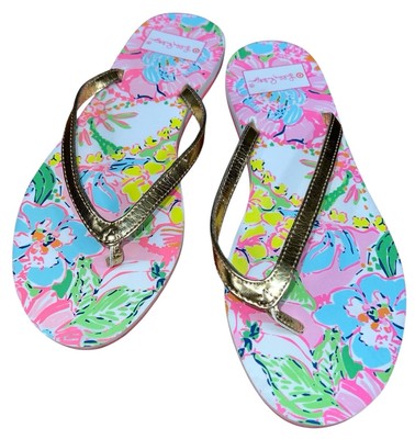 LILLY PULITZER Target Woman's Size 7 Colorful Floral Flip Flops Gold Strap