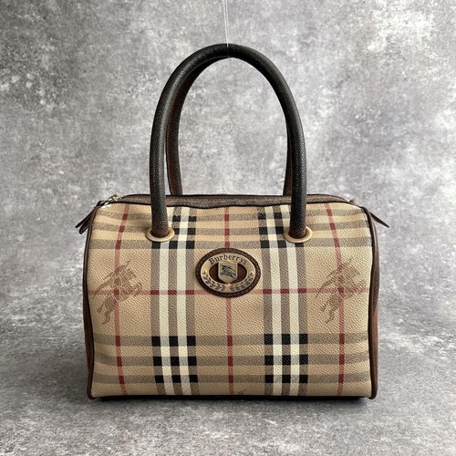 Burberry Hand Bag Boston Bag PVC Leather Beige Brown Nova Check Used From Japan
