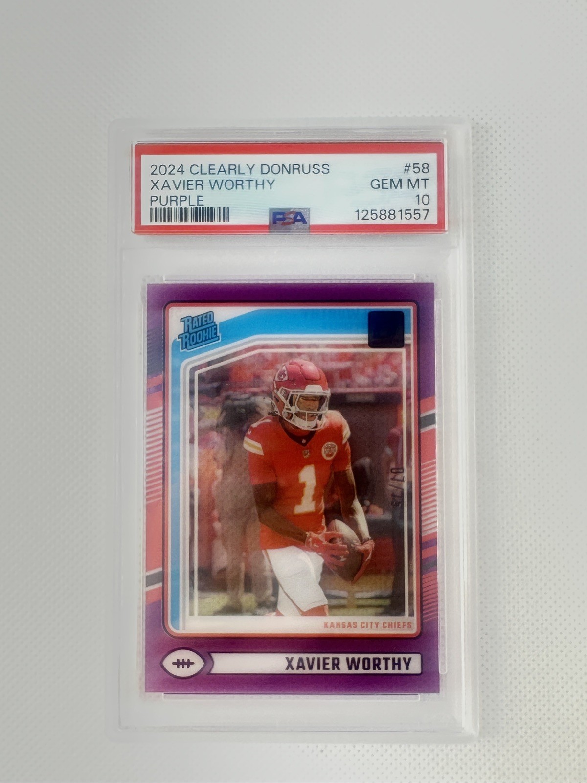 2024 XAVIER WORTHY CLEARLY DONRUSS #58 PURPLE RATED ROOKIE /75 PSA 10 Chiefs