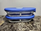 Vintage Pyrex 2 Cup Glass Divided Dish Blue Vented Lid Oval Oblong