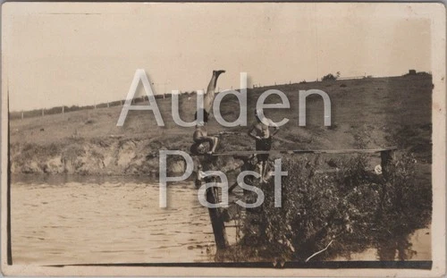 Boys Diving From Wooden River Jetty Real Photo 114.64x71.37mm
