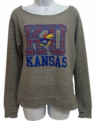 Pressbox KANSAS JAYHAWKS Sweatshirt Women s Sz L Crew Neck Gray Long Sleeve