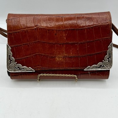Brighton Vintage Brown Croco Leather Crossbody Wallet Bag Silver Corner READ