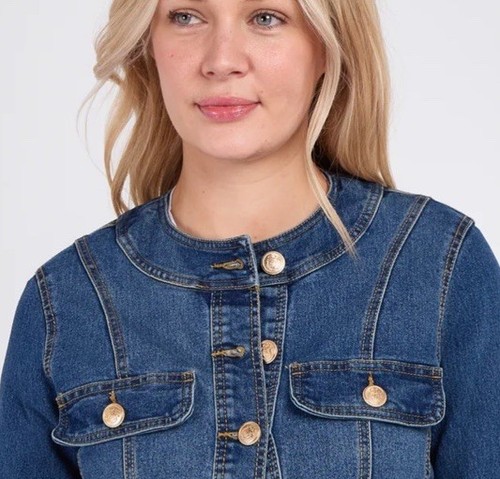 GIUBBINO DENIM ELASTICIZZATO GIROCOLLO TASCHE FRONTALI BOTTONI ORO Taglia 10,12,14,16,18,20 - Foto 4 di 6