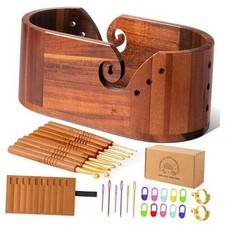 Wooden Yarn Bowl Holder, Single Hole Oval Retro Wooden Crochet Bowl Metal