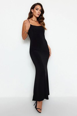 Bleistiftkleid Damen Maxi Schwarz Bodycon Träger Stretch Gr.XS-XL