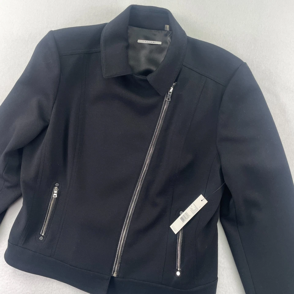 Tahari Jacket Womens Large Black Asymmetrical Moto Fitted Zip Pockets NWT $118 - Image 2 of 4