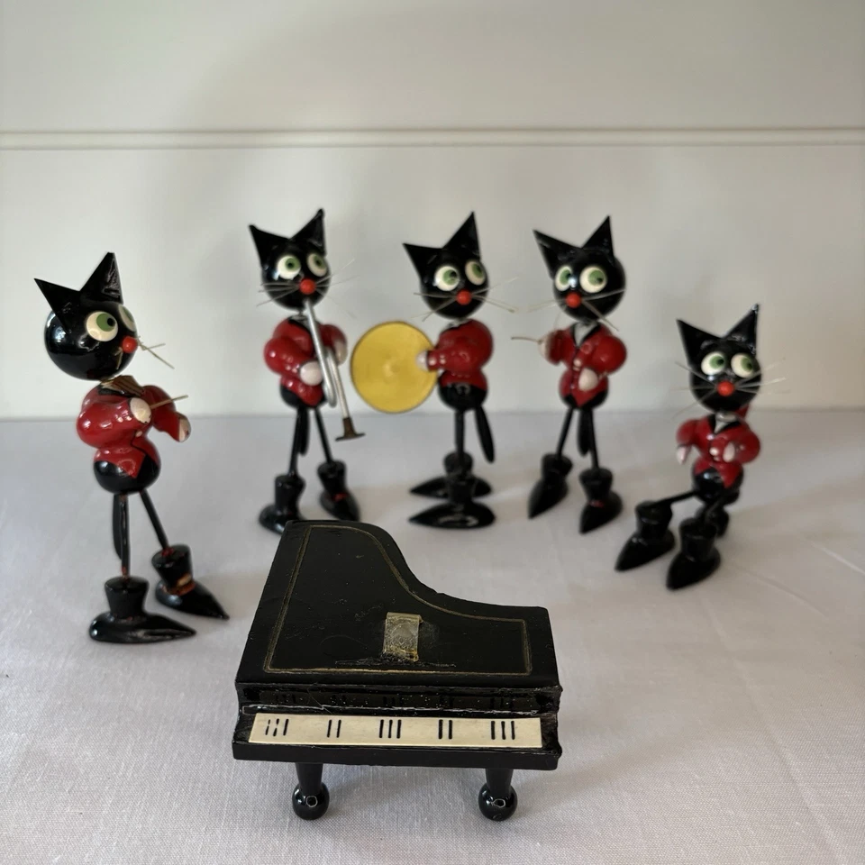 Vintage Wood Black Cat Jazz Band Figurine Set 5 Musician Cats with Piano Japan - Image 2 of 4