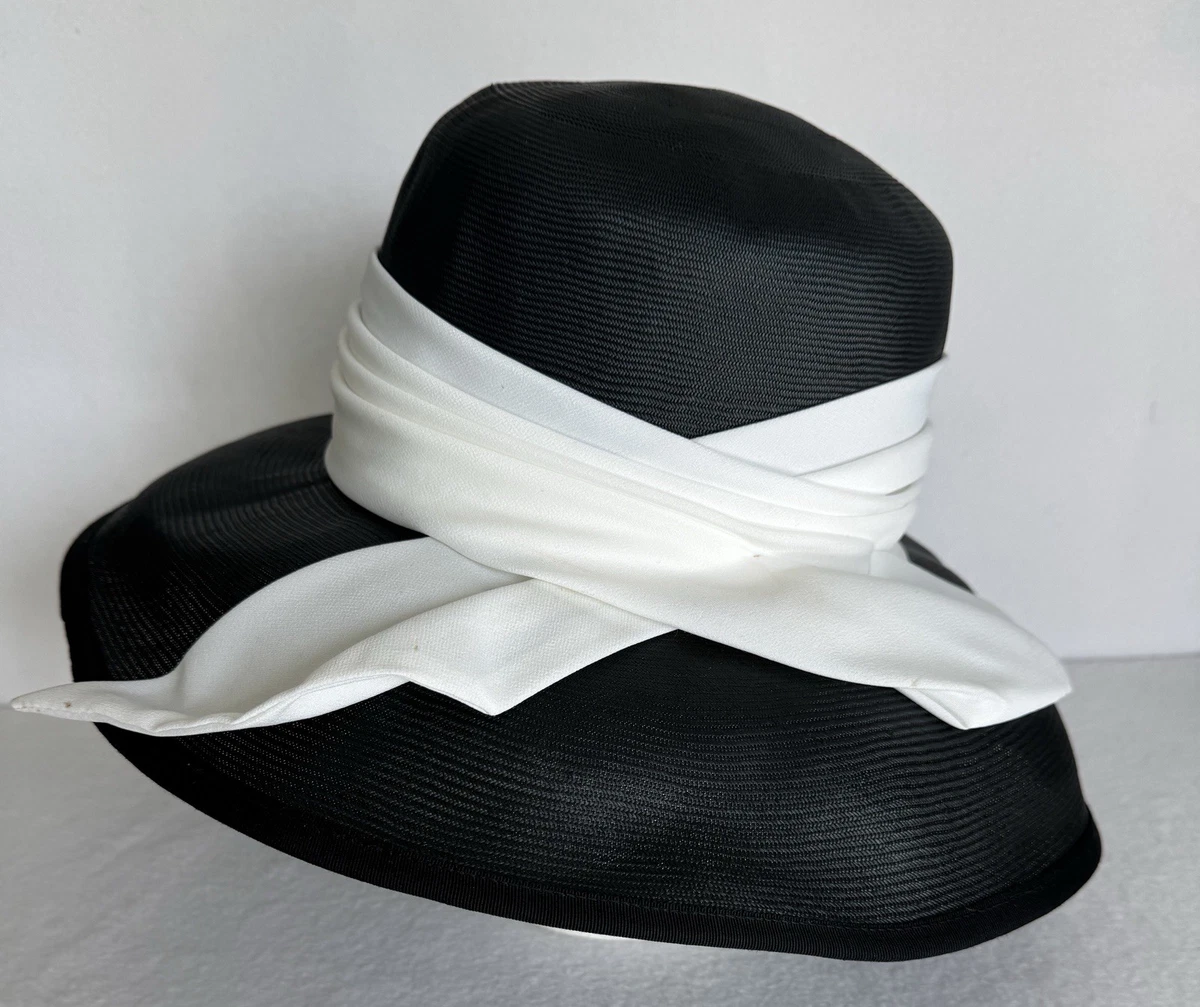 ELEGANT VINTAGE 1960s\' OFF-WHITE STRAW WIDE BRIM FEDORA + FRONT BOWS Vintage Dark Blue Straw Hat 1980s Navy With White Ribbon  main image 3