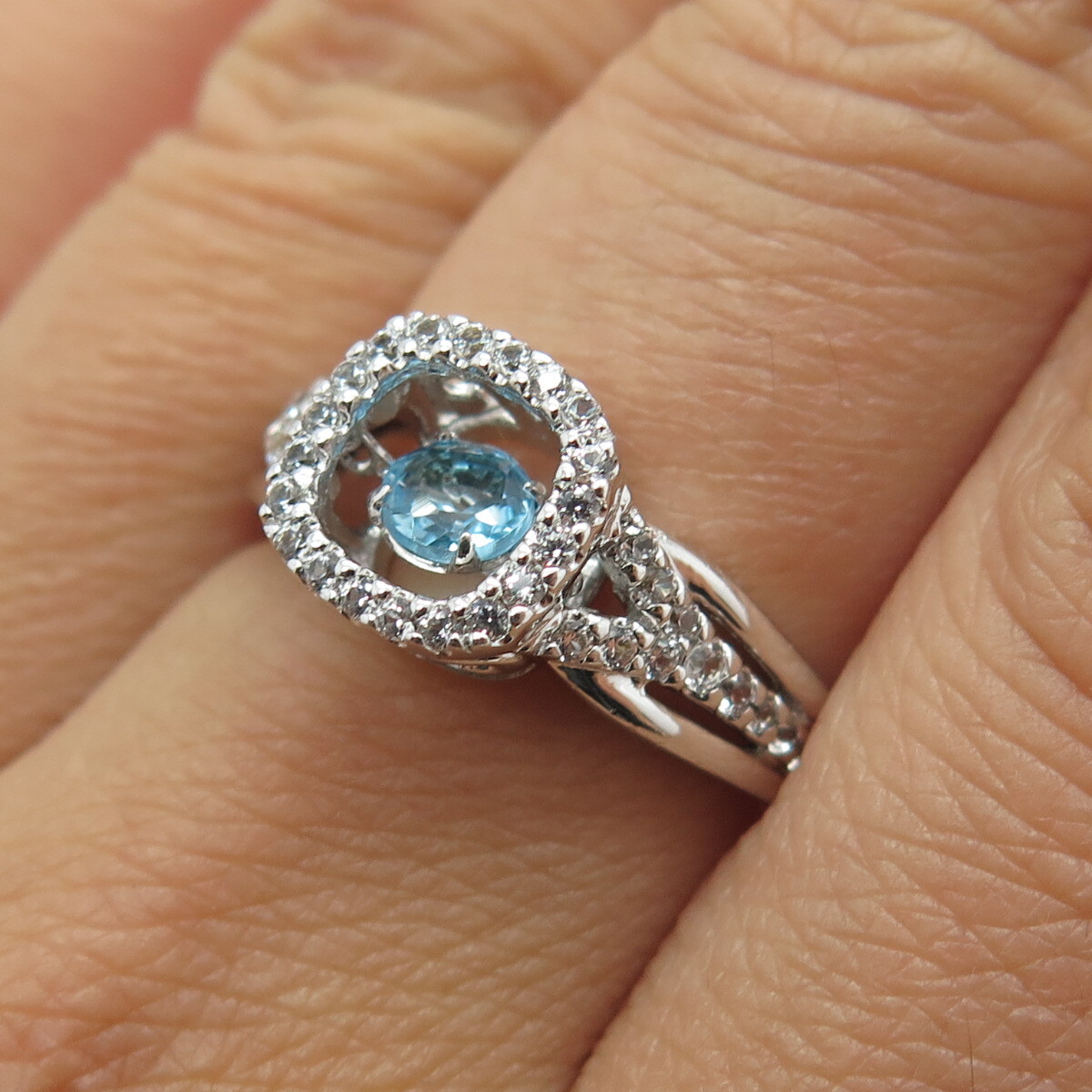 SAI 925 Sterling Silver Real White & Blue Topaz Gemstone Ring Size
